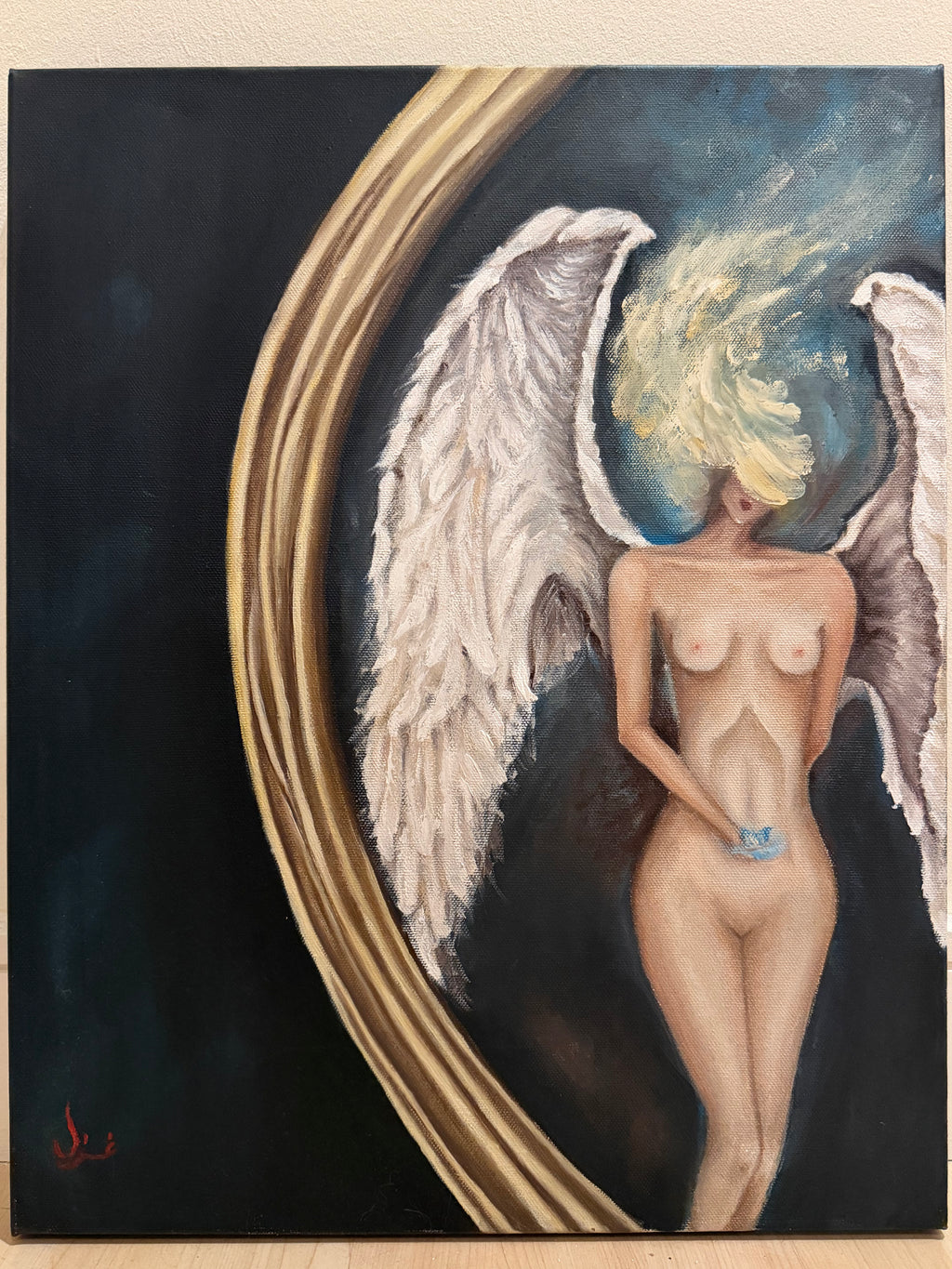 Vintage Nude Angel with Wings Surreal Portrait Painting