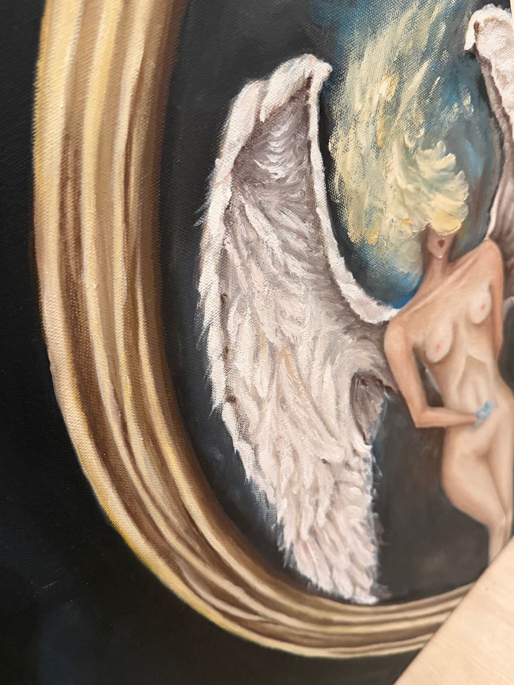 Vintage Nude Angel with Wings Surreal Portrait Painting