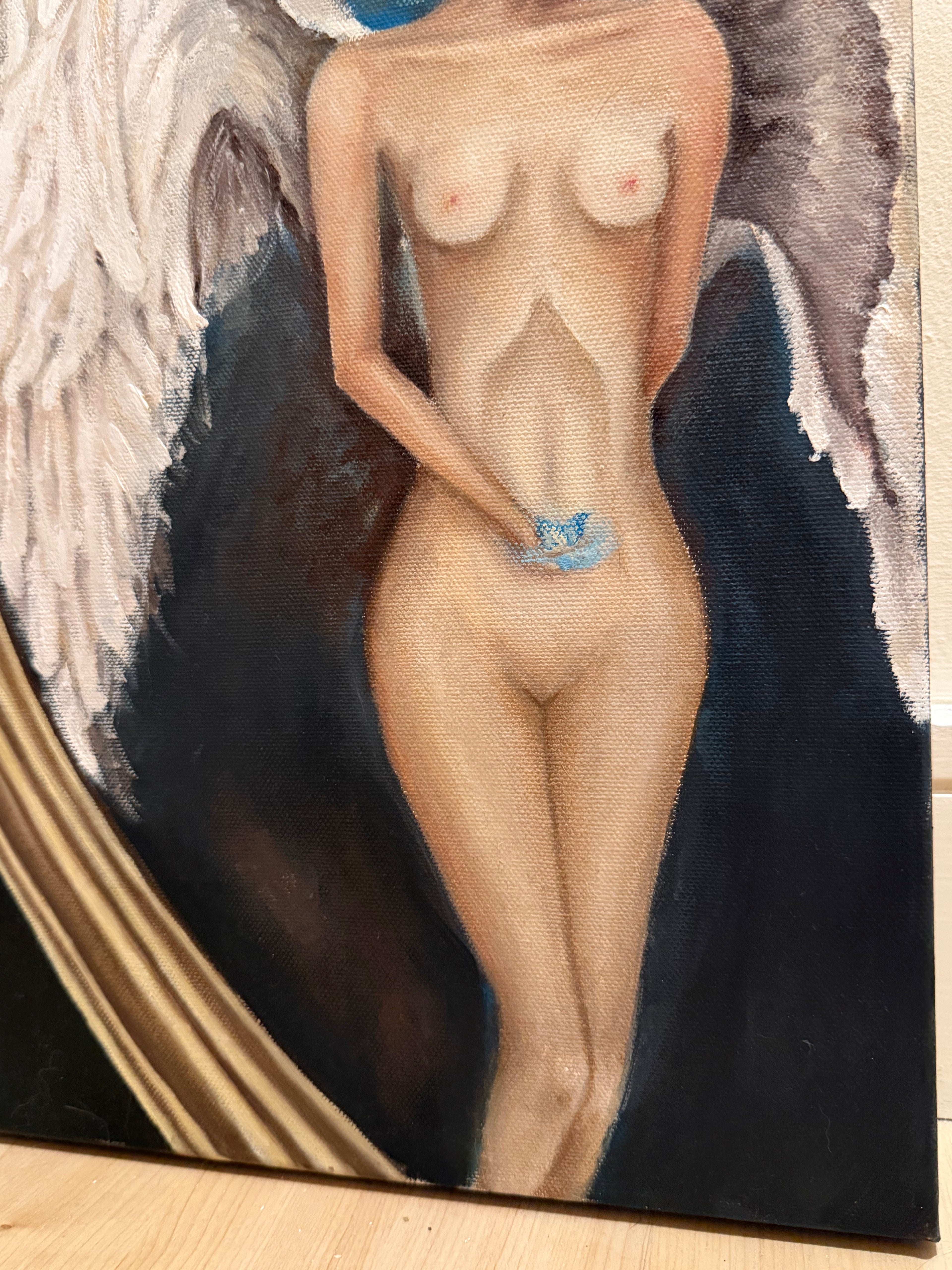 Vintage Nude Angel with Wings Surreal Portrait Painting